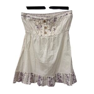 Vintage Fang Top Small Cream Purple Floral Lace Ruffle Cottagecore Strapless